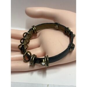 King Star Brown Leather Crystal Studs Gold Tone Snap Biker Bracelet Vintage 8 In
